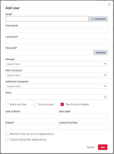 Add user screen in administration module