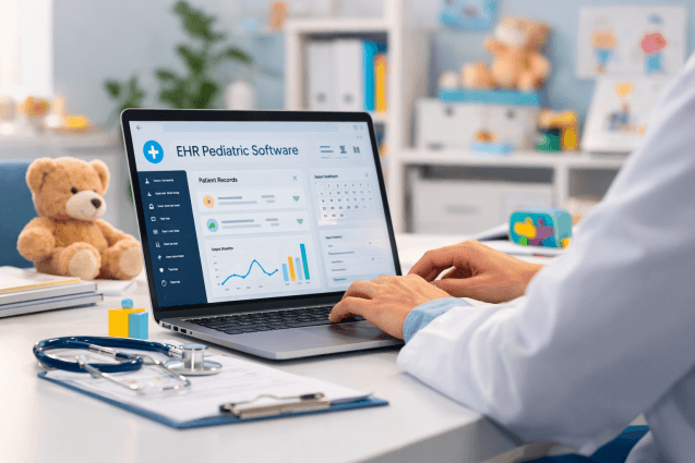 Pediatric EHR software on a laptop in a clinic