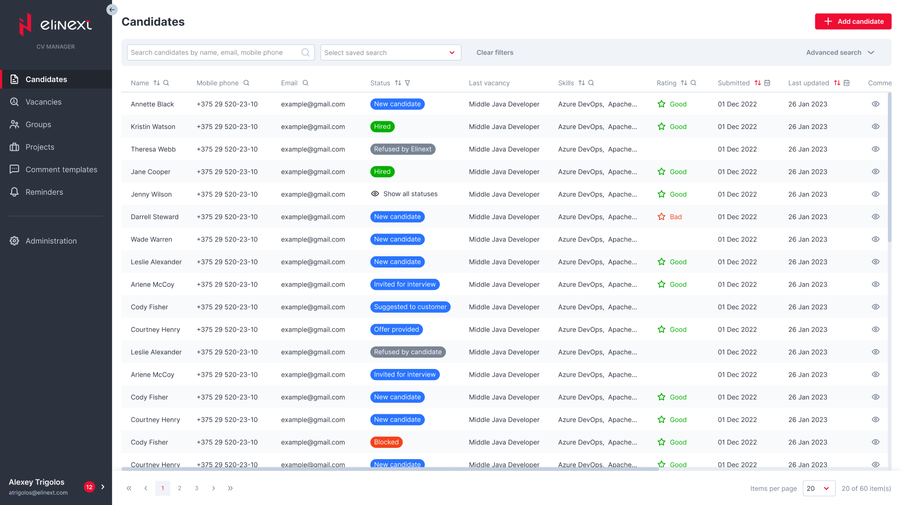 Elinext Applicant Tracking candidate profile screen