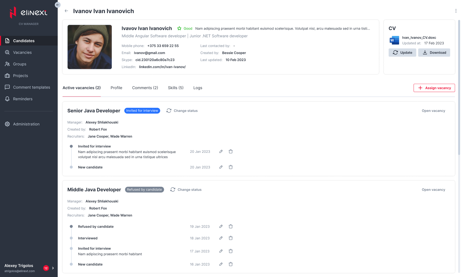 Elinext Applicant Tracking candidate list screen