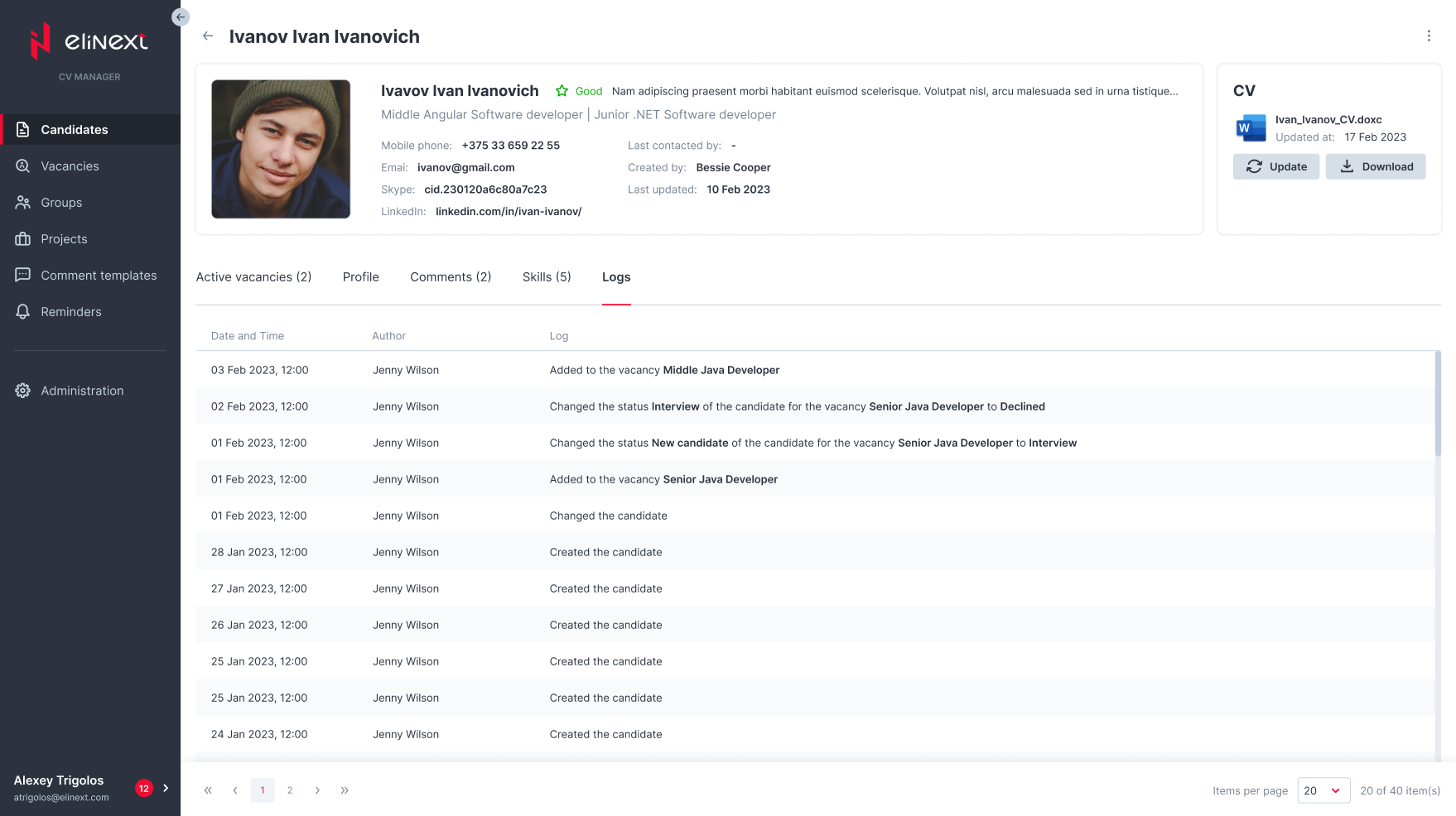 Elinext Applicant Tracking candidate pipeline screen