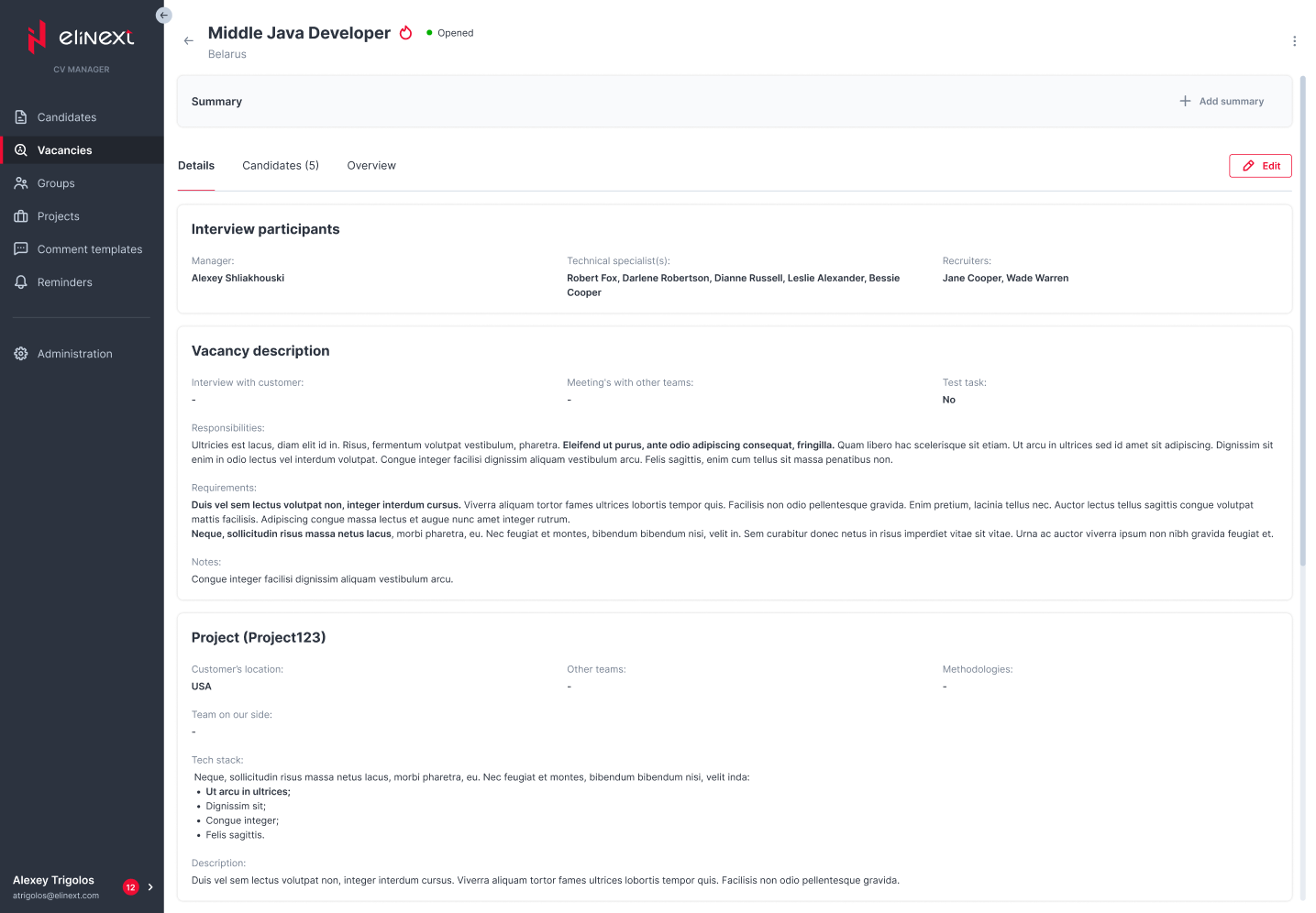 Elinext Applicant Tracking comments screen