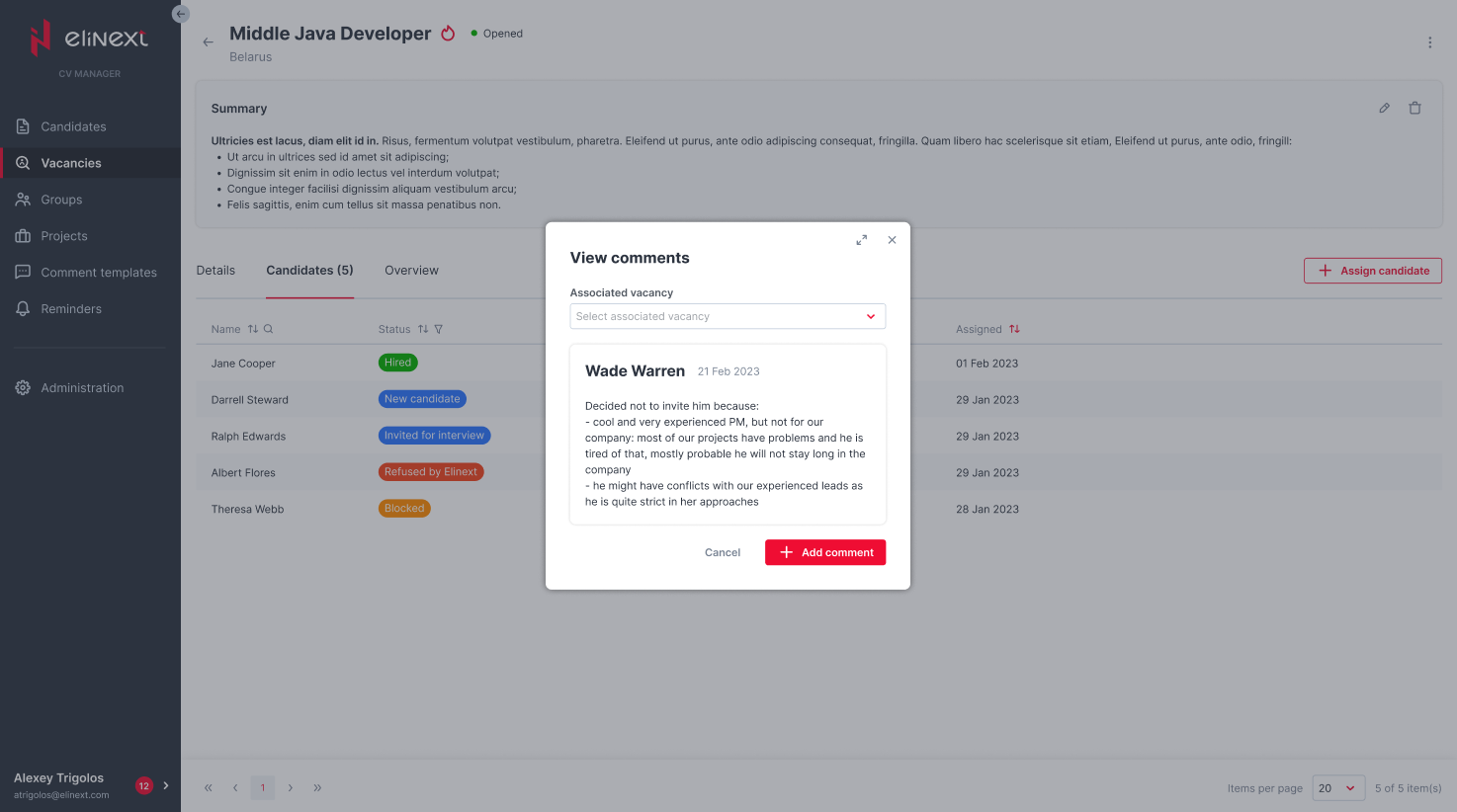 Elinext Applicant Tracking vacancy management screen