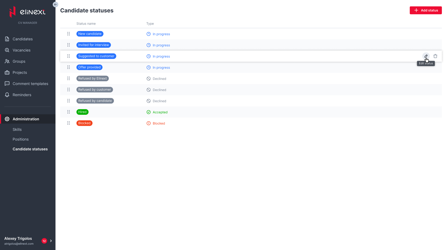 Elinext Applicant Tracking administrative settings screen