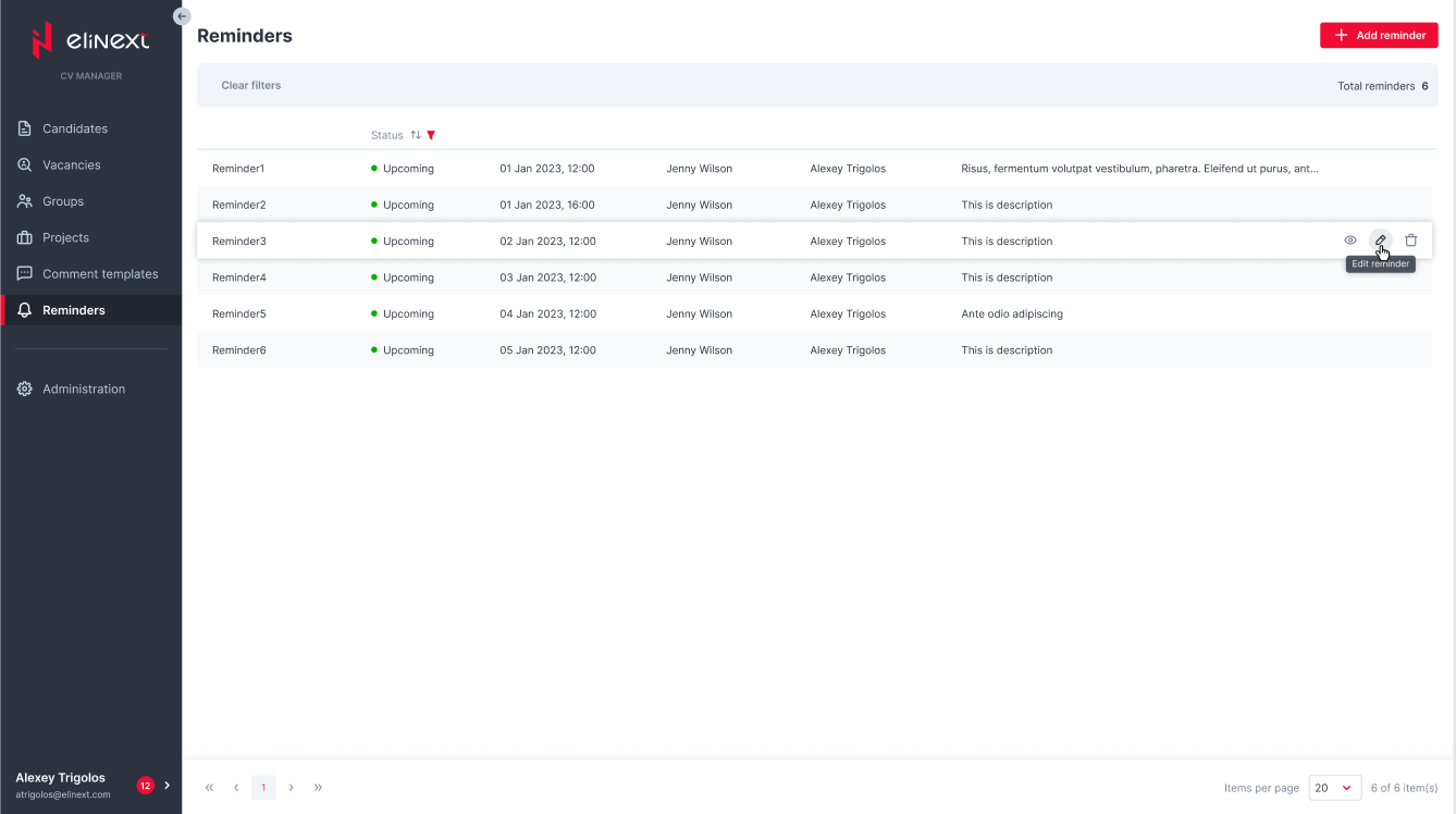 Elinext Applicant Tracking reminders screen