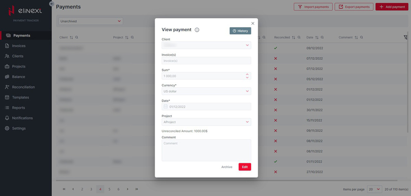 Invoice Management web application payments screen