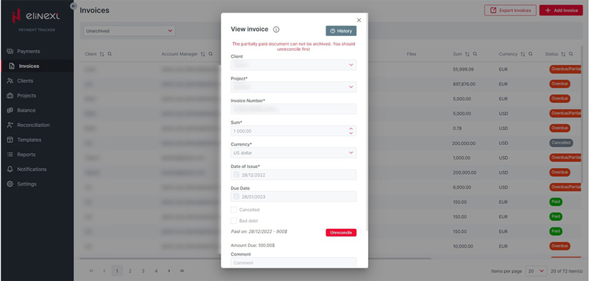 Invoice Management web application client payment details