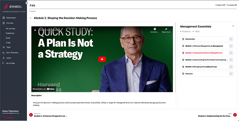Elinext Learning Management System course management screen