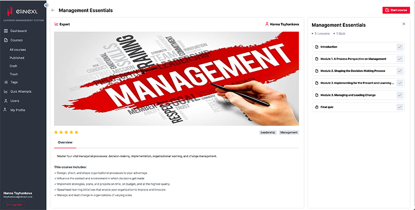 Elinext Learning Management System analytics screen