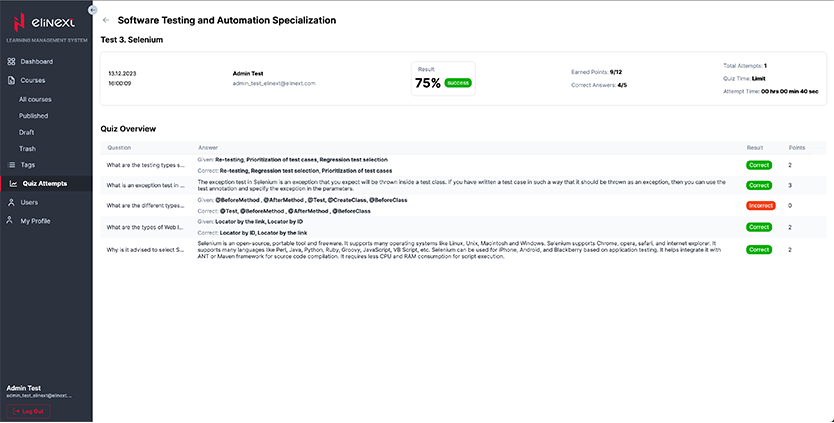 Elinext Learning Management System learning interface screen
