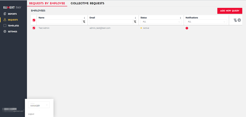 Elinext Payroll Management requests by employee screen