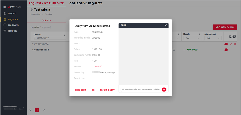 Elinext Payroll Management employee profile screen