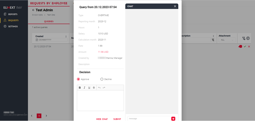 Elinext Payroll Management approval workflow screen