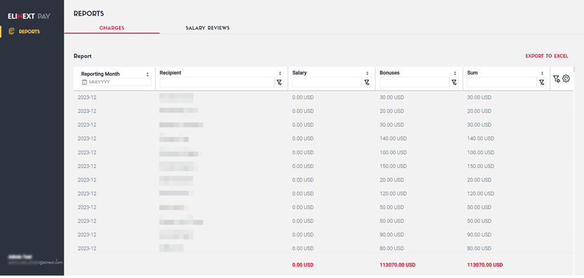 Elinext Payroll Management filters screen