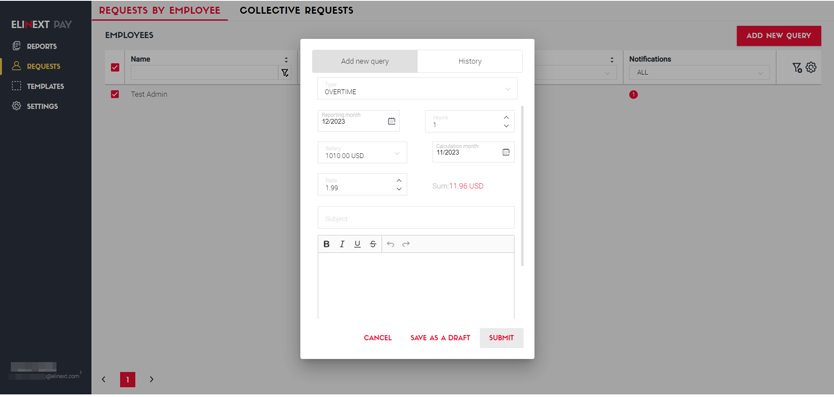 Elinext Payroll Management settings screen