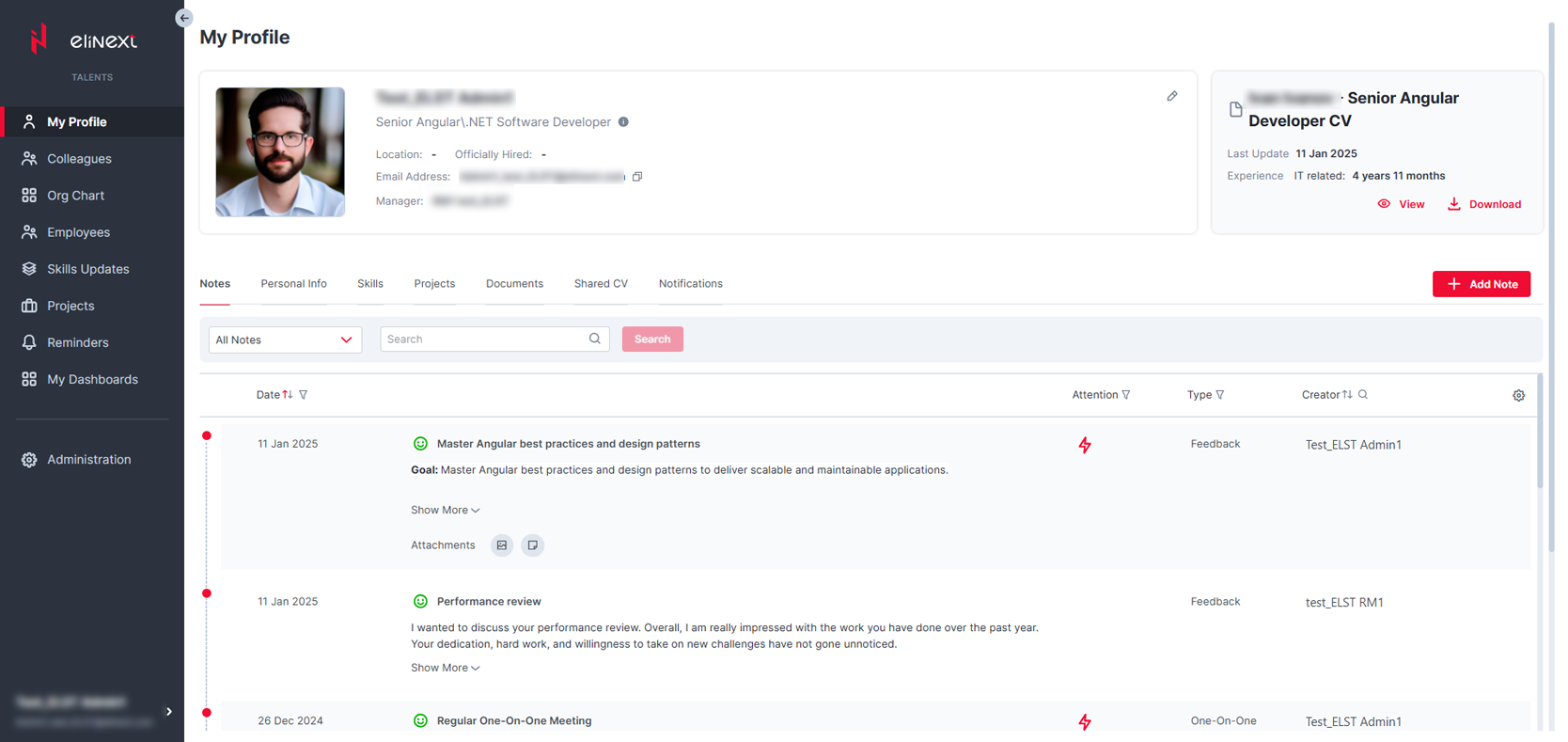 Internal Talent Management System profile screen