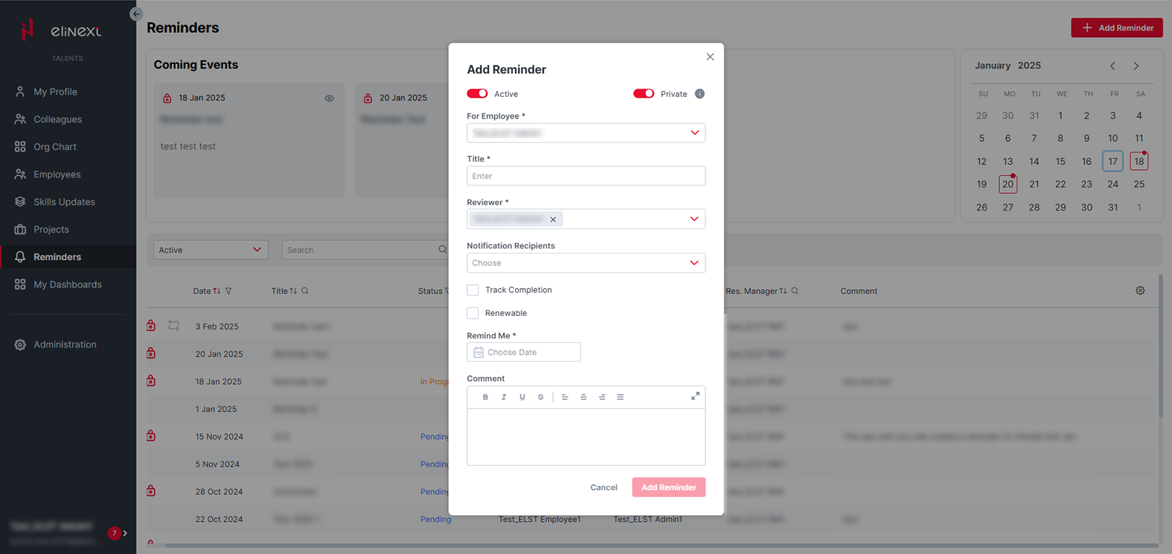 Internal Talent Management System administration screen