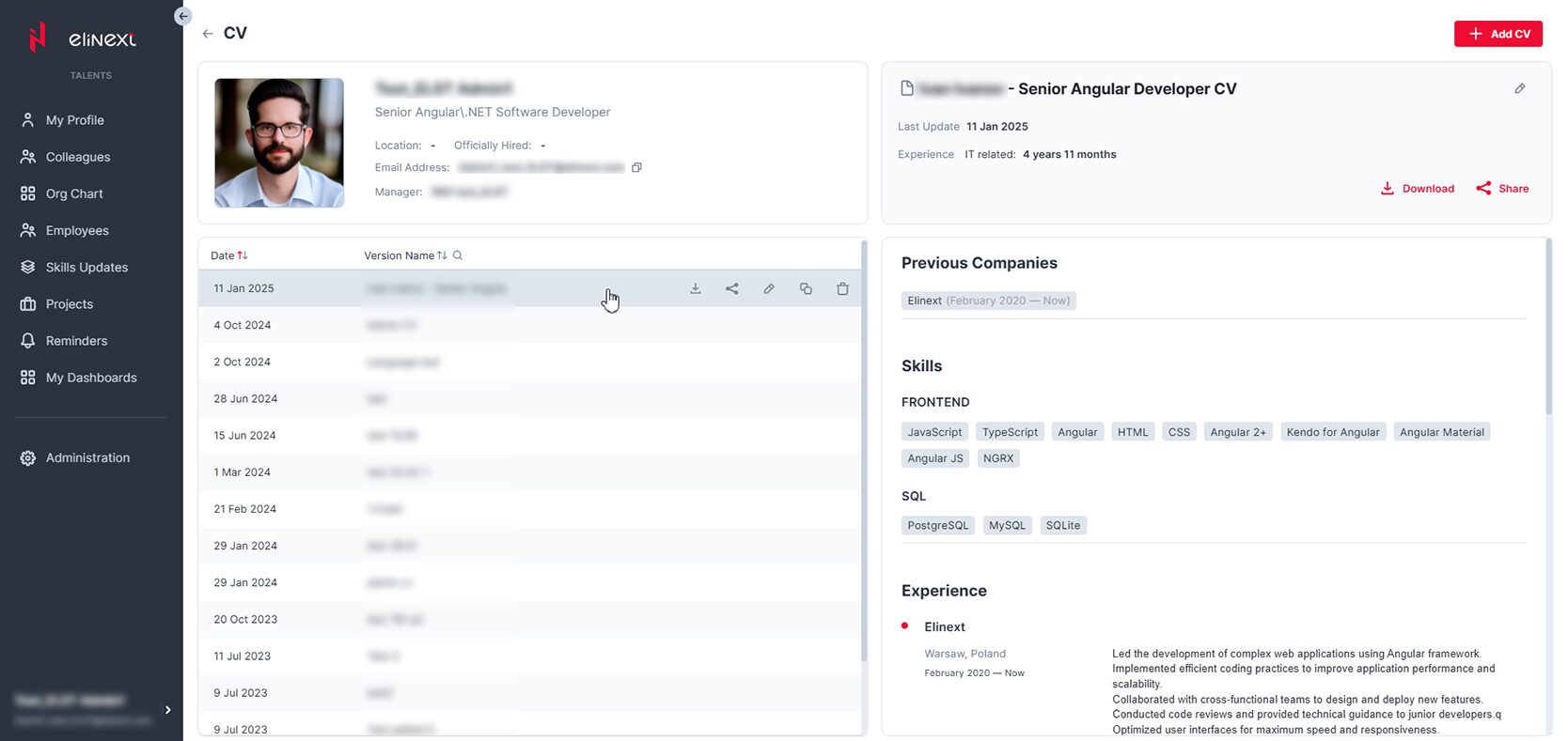 Internal Talent Management System employee details screen
