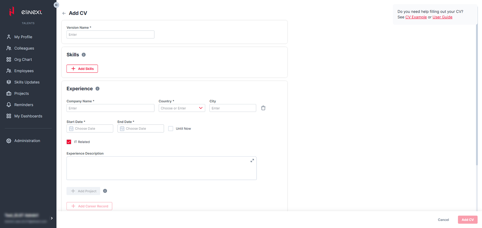 Internal Talent Management System personal info screen