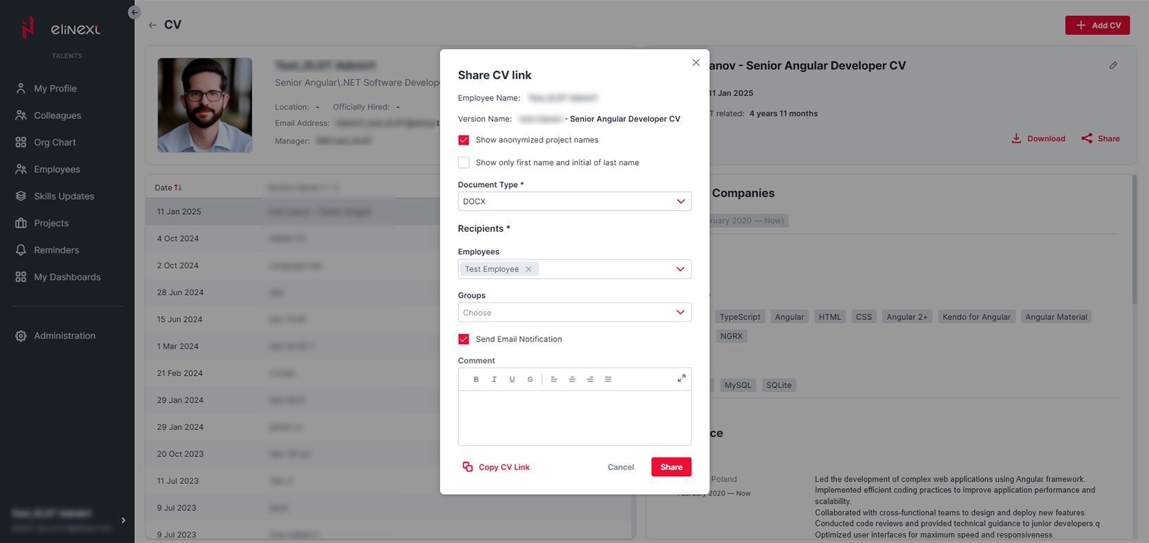 Internal Talent Management System project assignment screen
