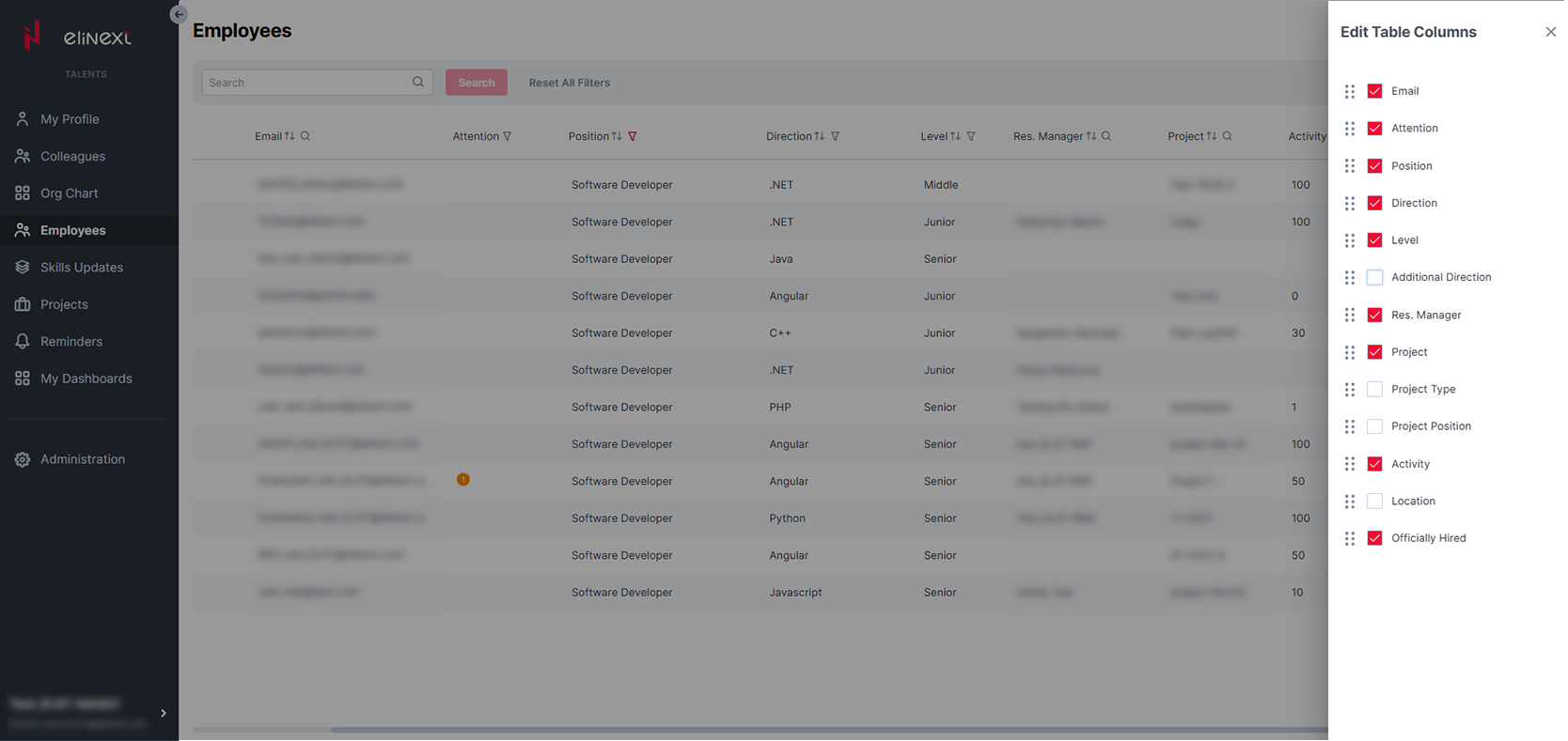 Internal Talent Management System notes list screen