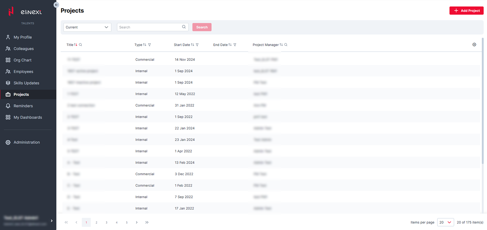 Internal Talent Management System project management screen